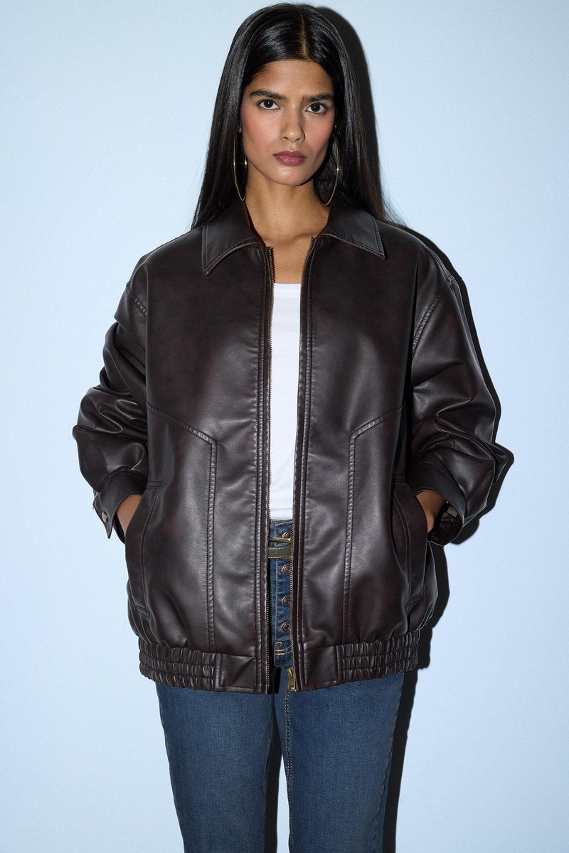 DeFacto Brown Woman Dad Fit Faux Leather Jacket Casual - Image 2